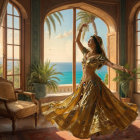 Indian Woman Dancing in Traditional Outfit with Ocean View