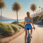 Cyclist on Sandy Path by Beach and Palm Trees