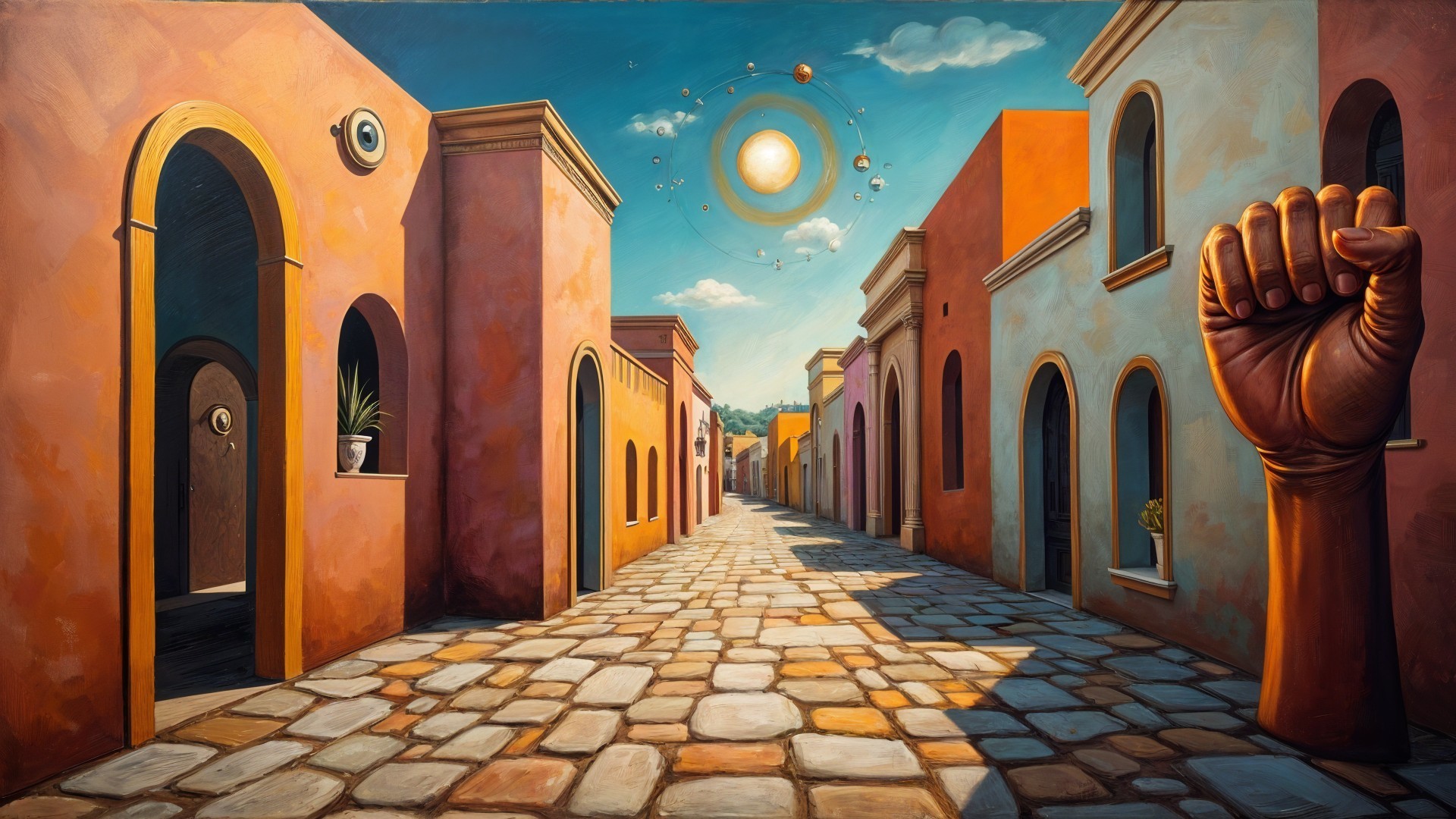 Vibrant Street Scene with Surreal Celestial Elements