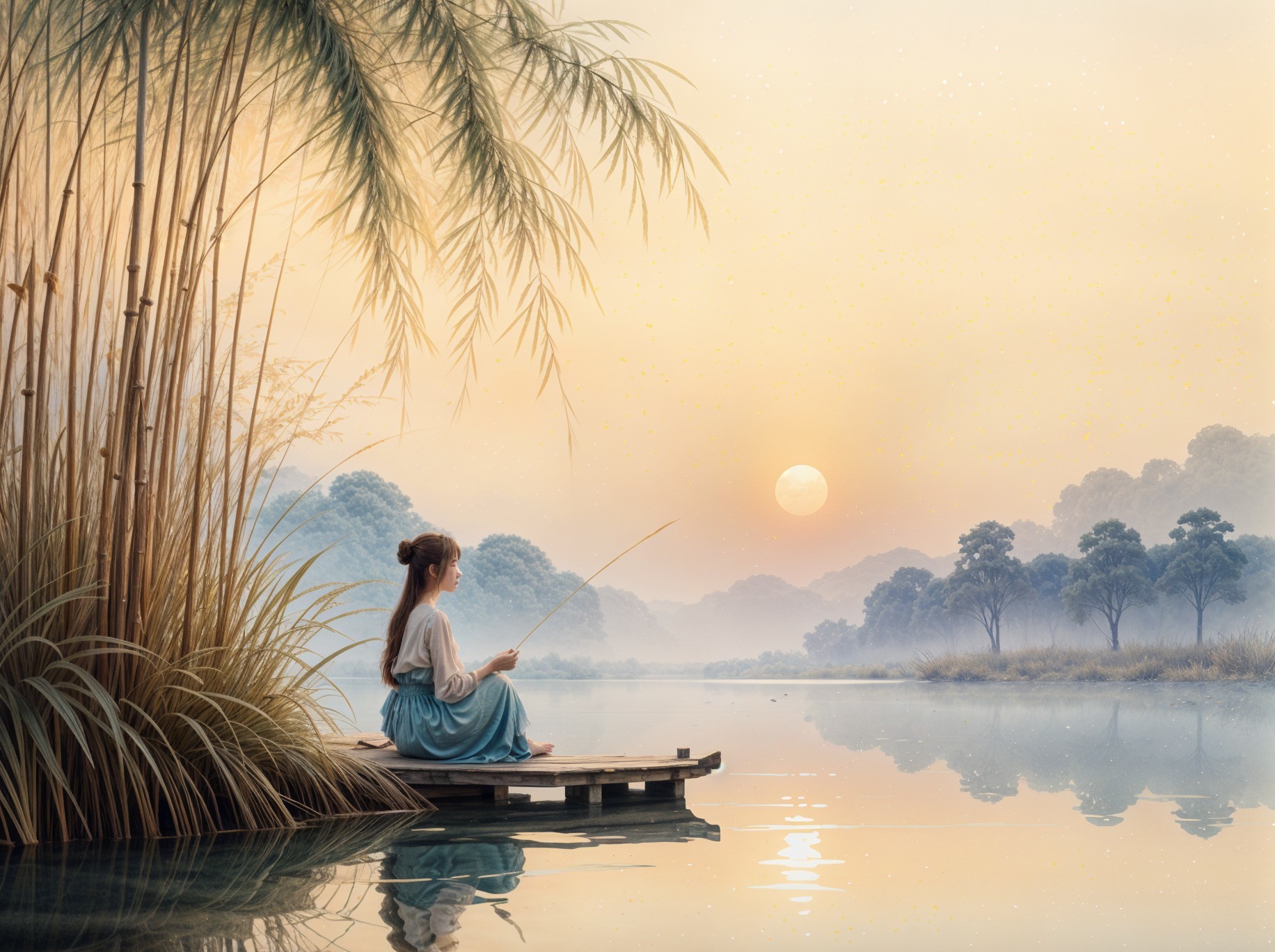 Asian Woman Fishing at Sunset by a Tranquil Lake