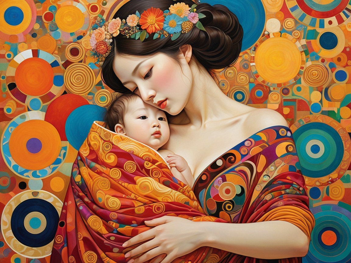 Mother and Infant Surrounded by Colorful Patterns