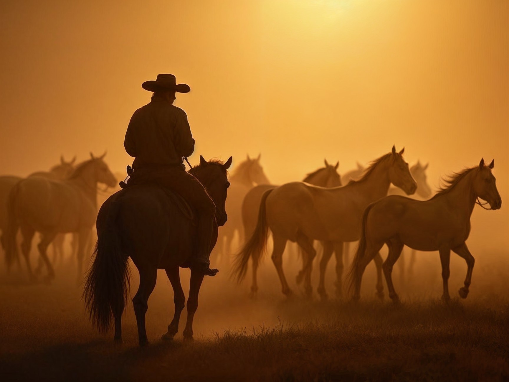 Cowboy Silhouette with Horses in Mystical Landscape
