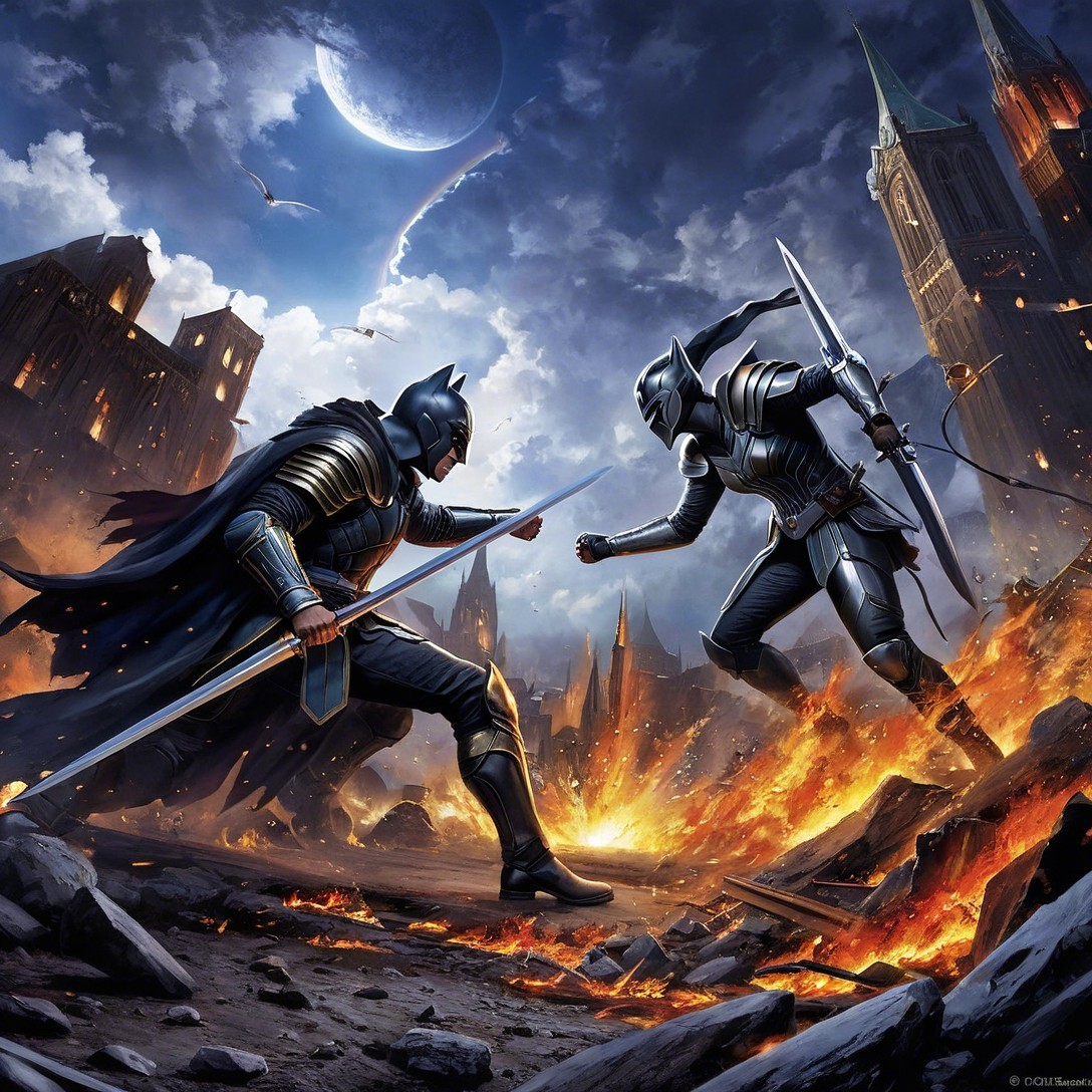 Dynamic Battle Scene of Caped Hero and Female Knight