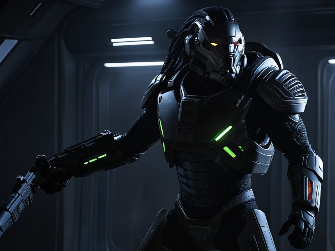 Futuristic warrior in high-tech armored suit with firearm