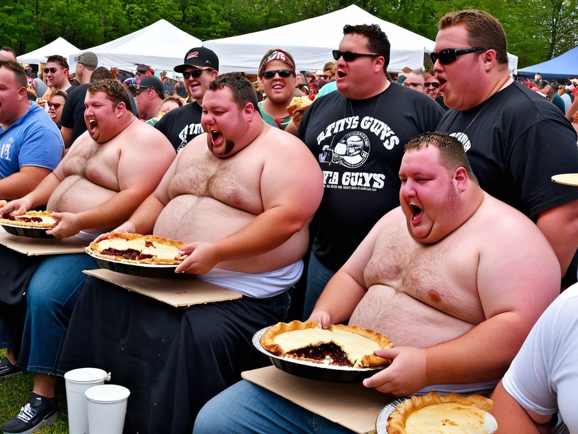 Open-air pie-eating contest featuring six men.
