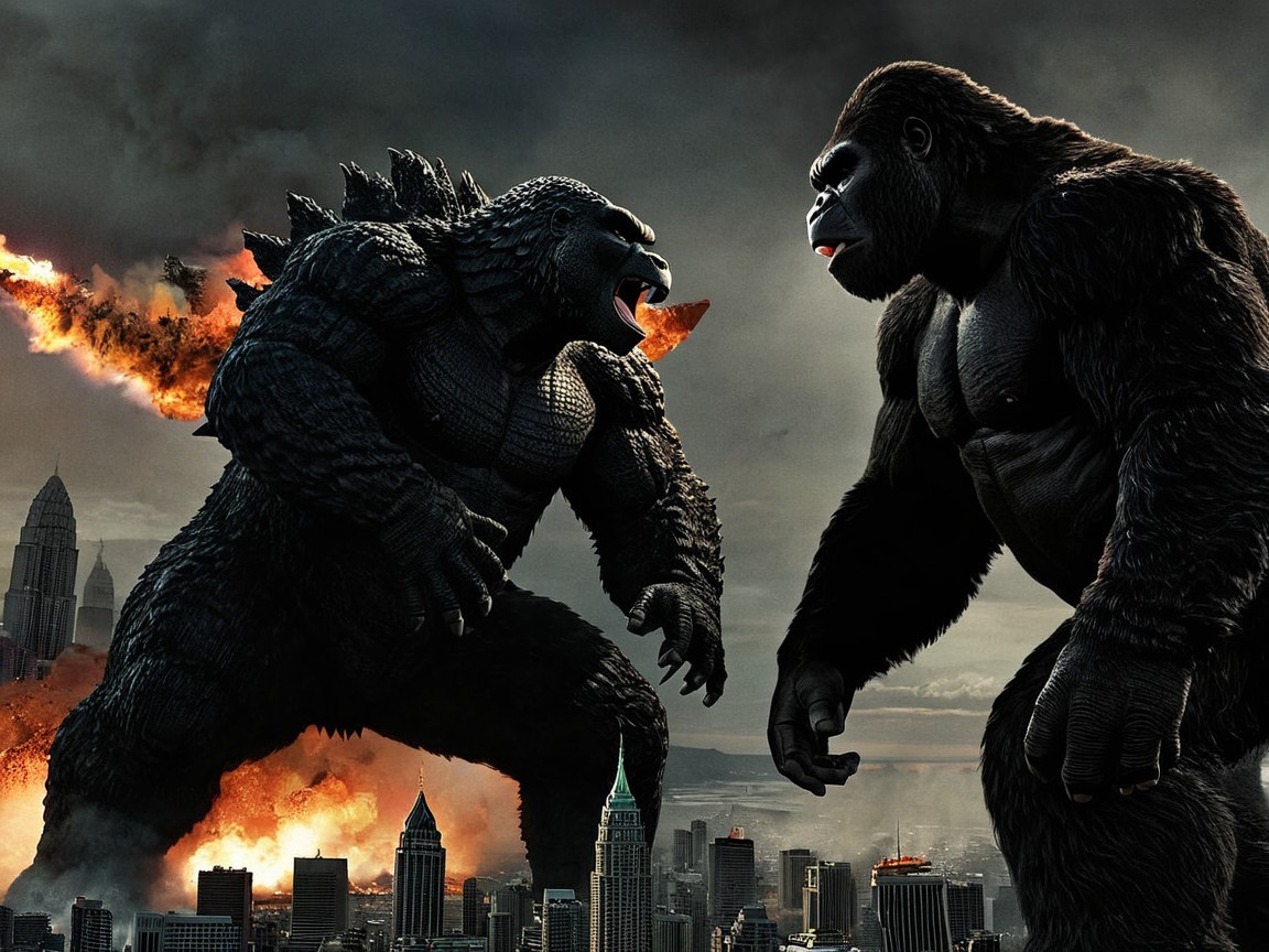 Epic Clash of Colossal Titans in Dusk Cityscape