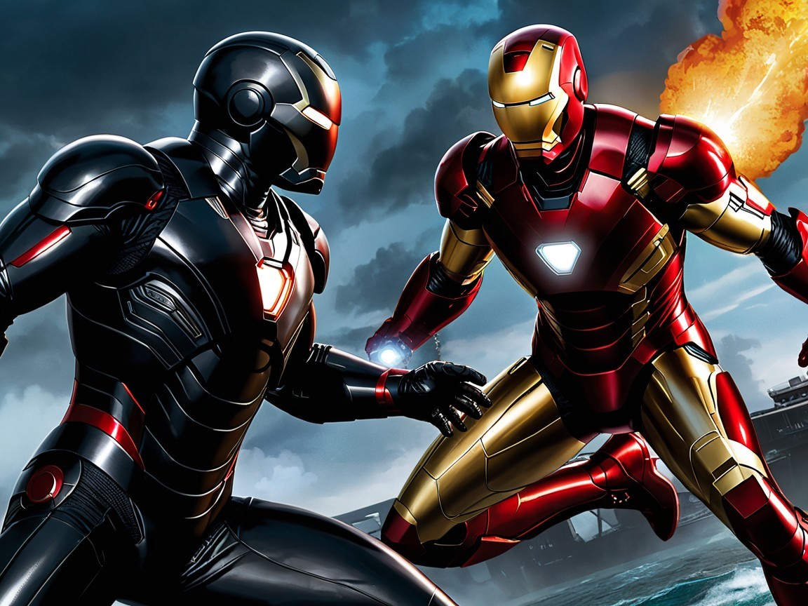 Iron Man Suits in Action Against Stormy Sky