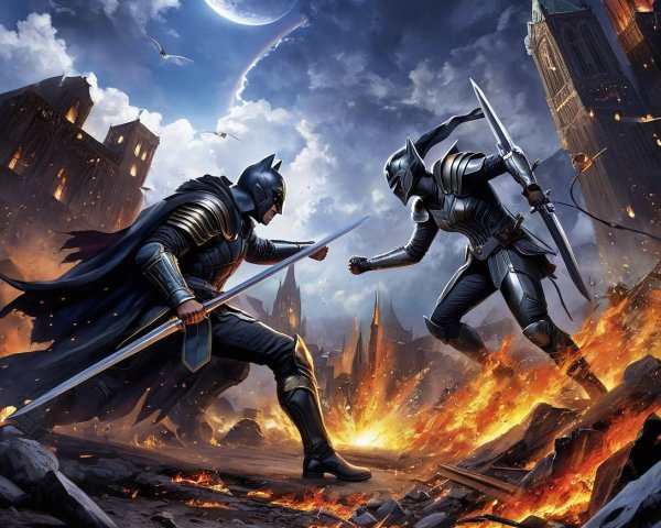 Dynamic Battle Scene of Caped Hero and Female Knight