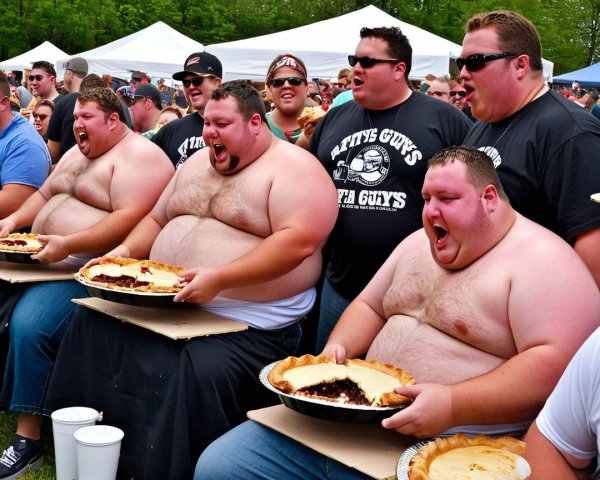 Open-air pie-eating contest featuring six men.