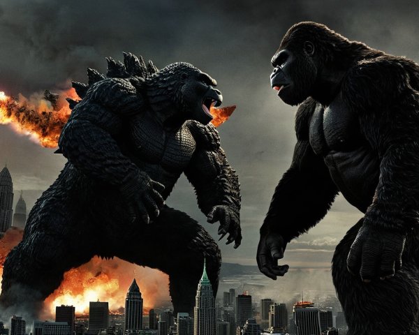 Epic Clash of Colossal Titans in Dusk Cityscape