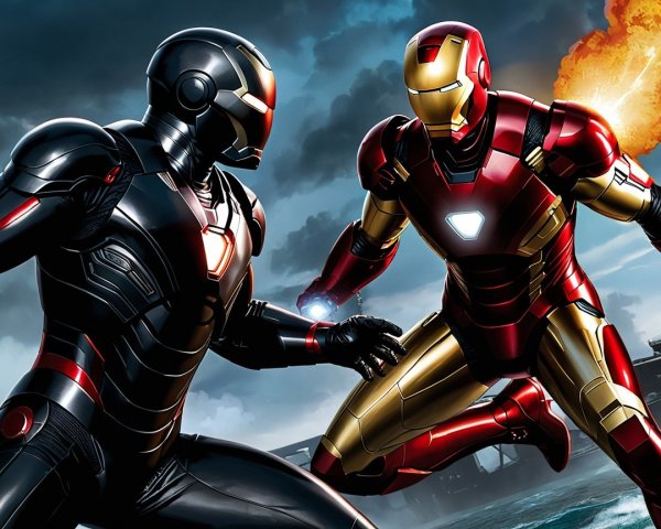 Iron Man Suits in Action Against Stormy Sky