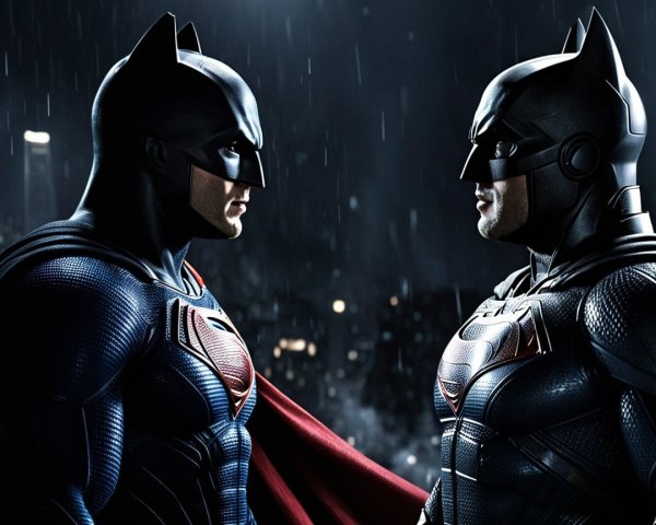 Superheroes in Dark Cityscape: Batman Variants Face Off