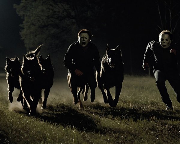 Menacing Figures with Dogs at Night in Dark Clothing