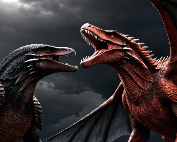 Angry Black and Red Dragons Roaring in Stormy Sky