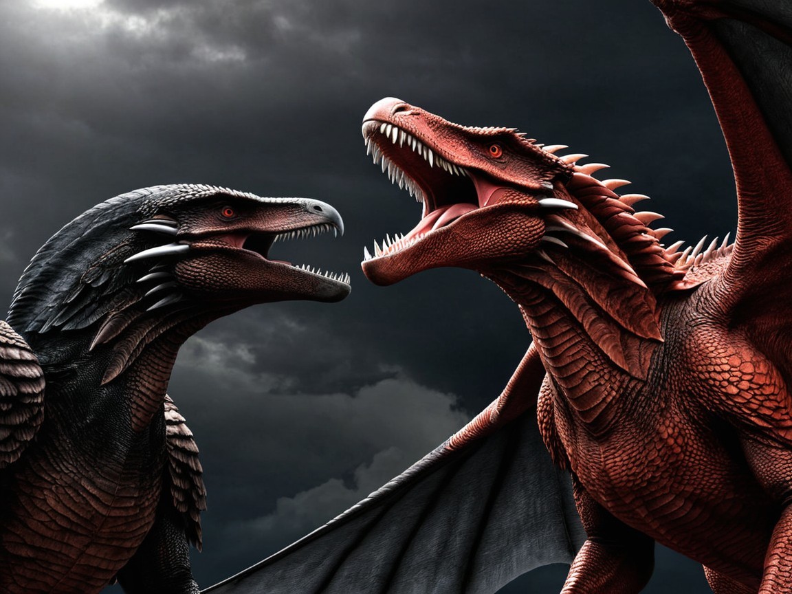 Angry Black and Red Dragons Roaring in Stormy Sky