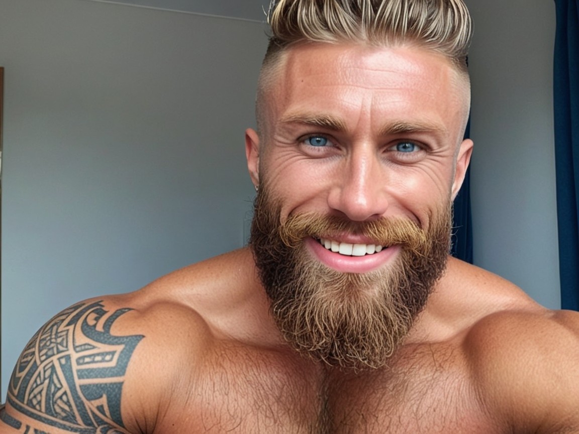 Portrait of a Smiling Man with Tattoo and Blue Eyes