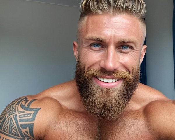 Portrait of a Smiling Man with Tattoo and Blue Eyes