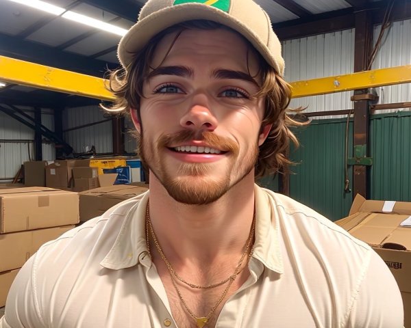 Young man with wavy hair in casual warehouse setting