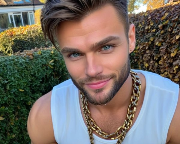 Young man with blue eyes in outdoor greenery setting