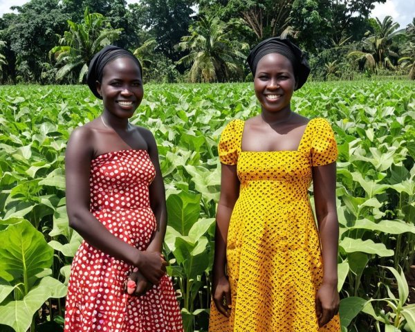 Women in Vibrant Dresses on Lush Green Farm