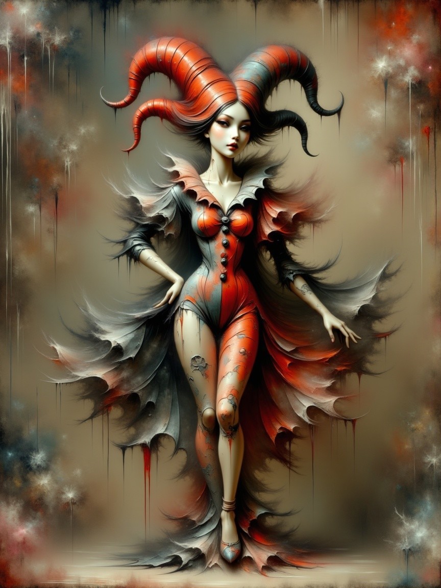Fantastical Character with Red and Black Horns