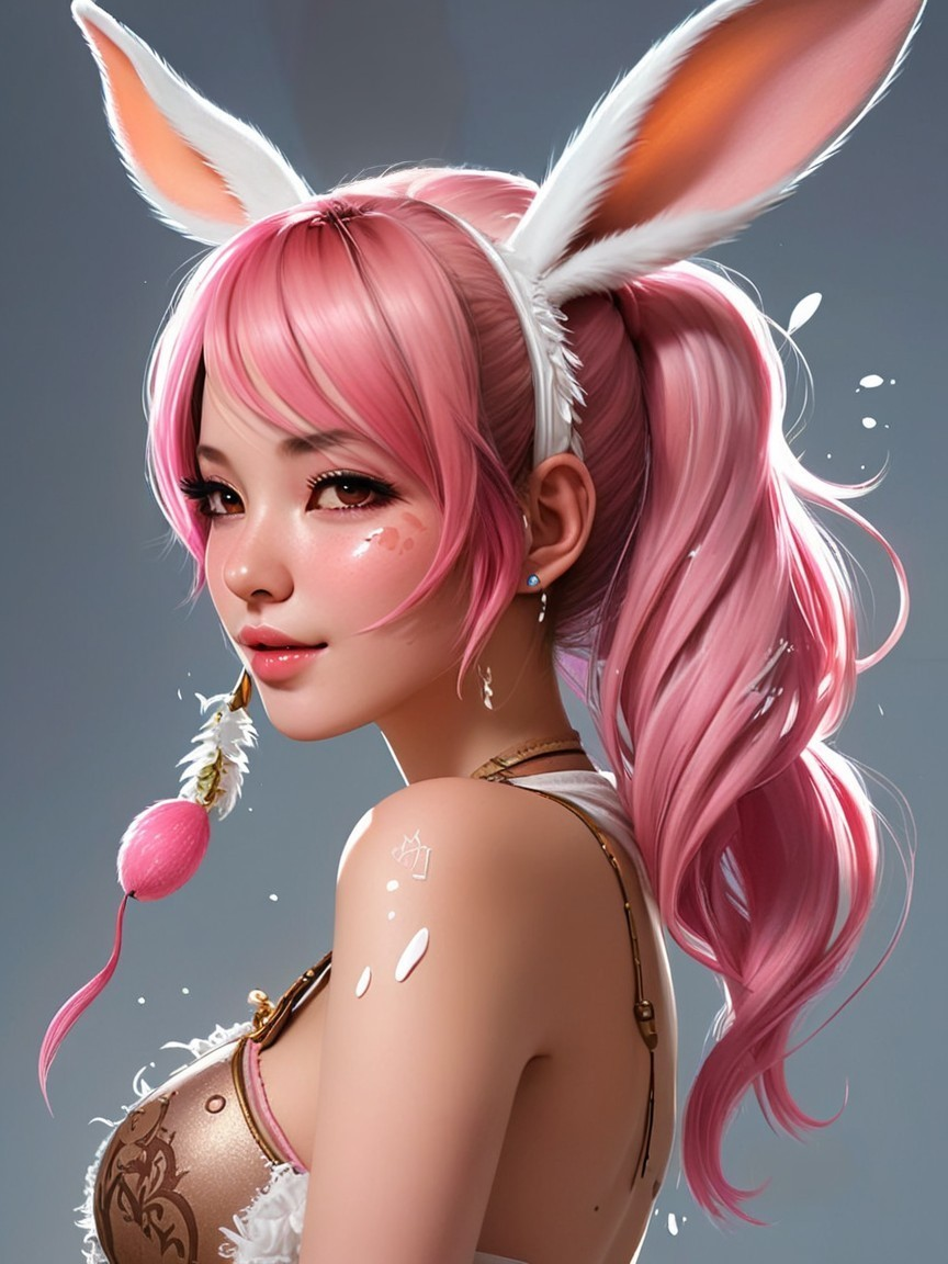 Character with Pink Hair and Bunny Ears Illustration