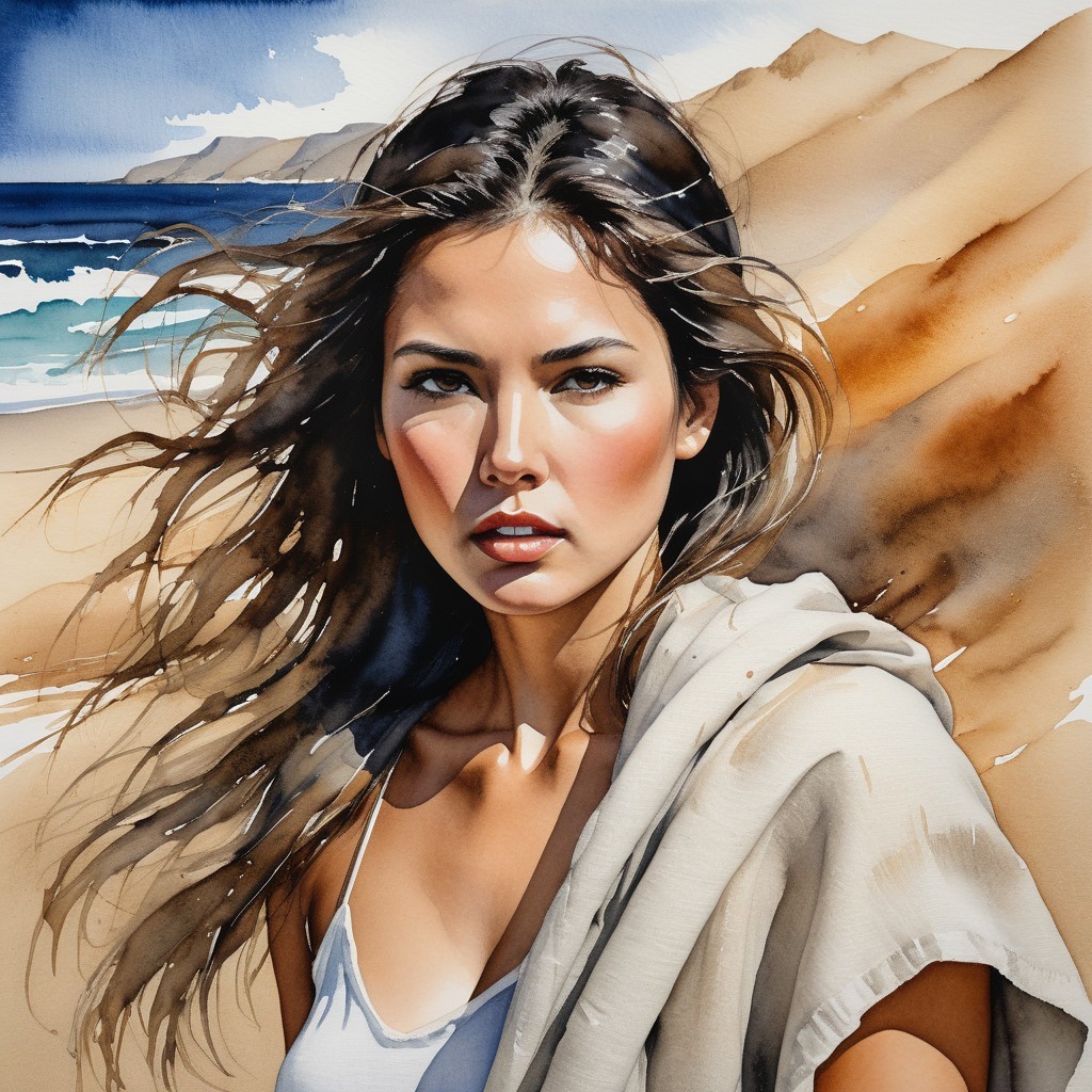 Portrait of a Young Woman by Sandy Dunes and Ocean