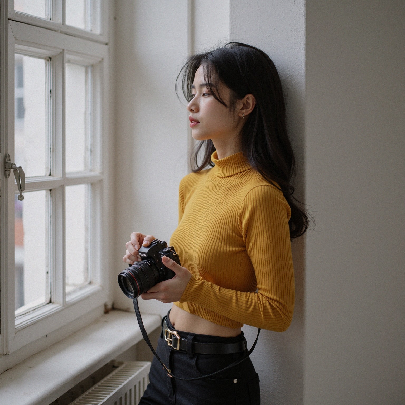 Young woman in mustard turtleneck by window with camera