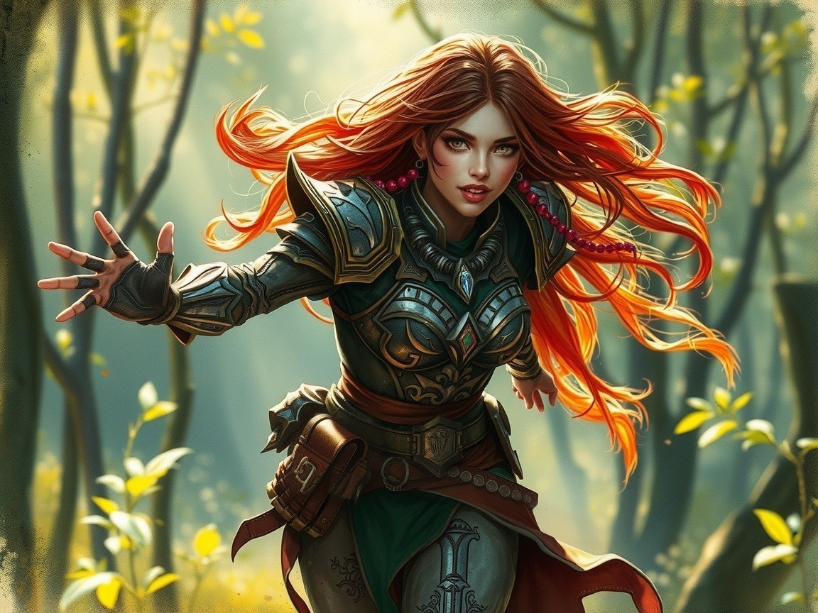 Warrior Woman in Silver Armor in Enchanted Forest