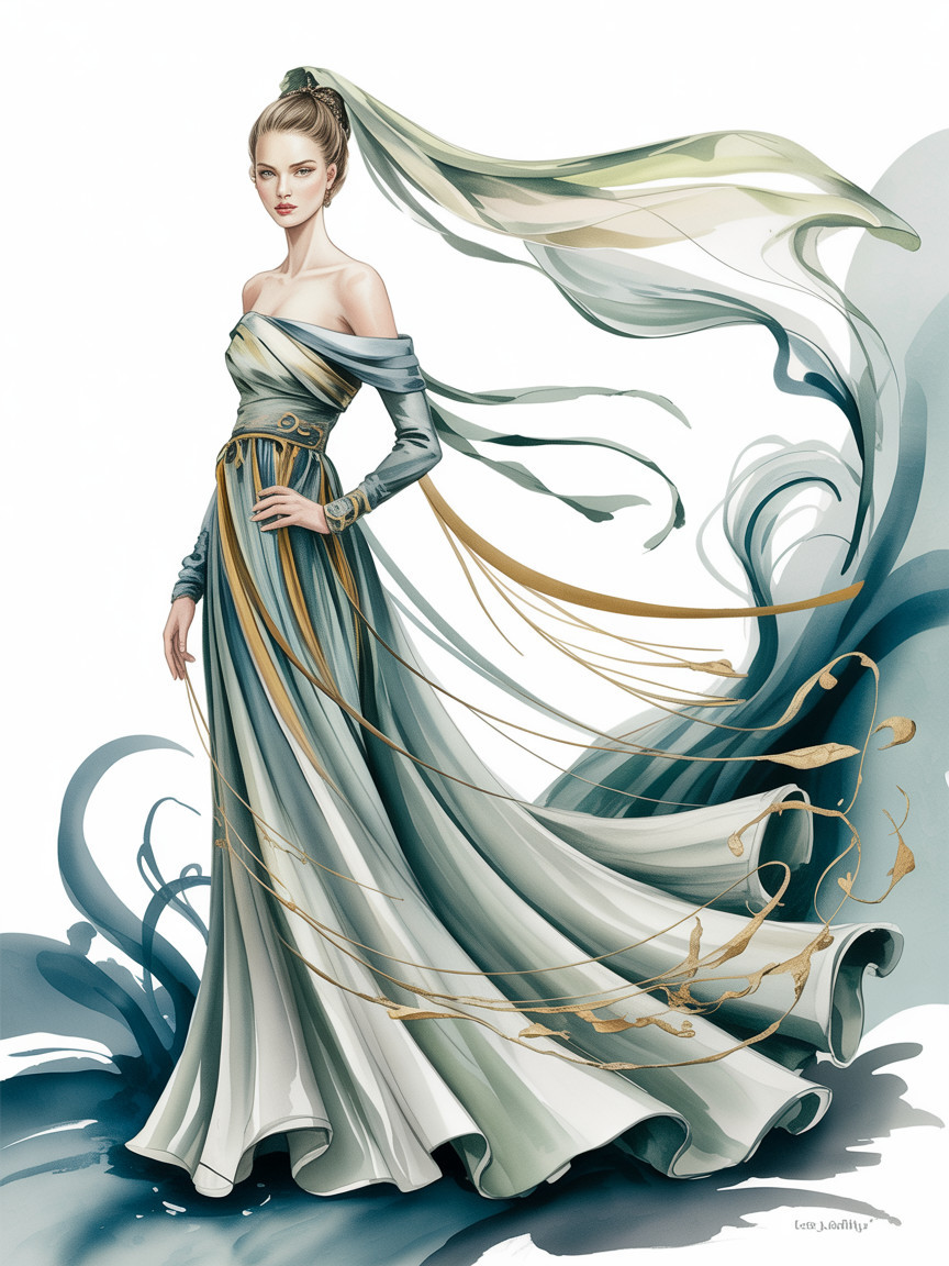Elegant Figure in Flowing Green and White Gown