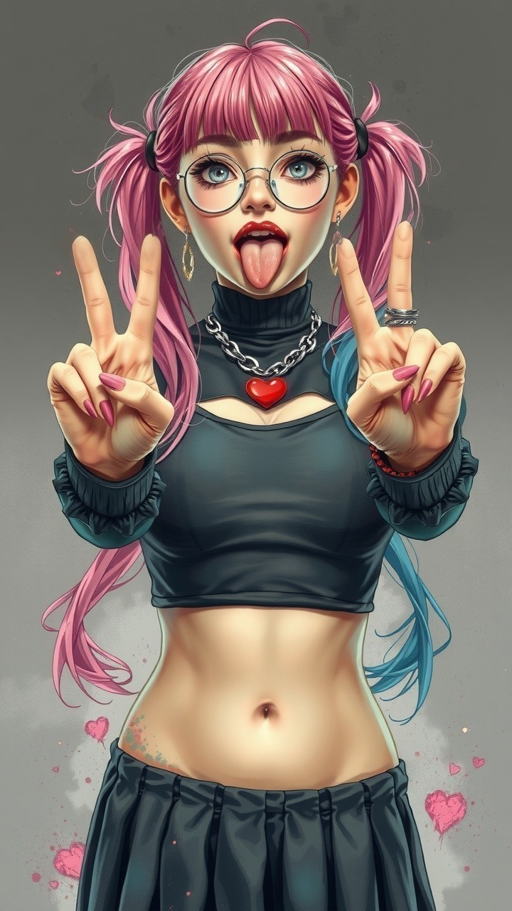 Playful Character with Pink and Blue Pigtails and Outfit