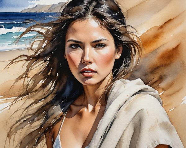 Portrait of a Young Woman by Sandy Dunes and Ocean