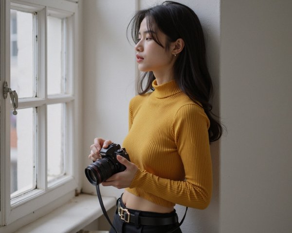 Young woman in mustard turtleneck by window with camera