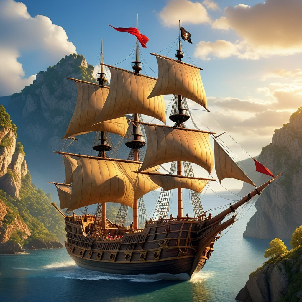 Majestic pirate ship sailing through calm waters