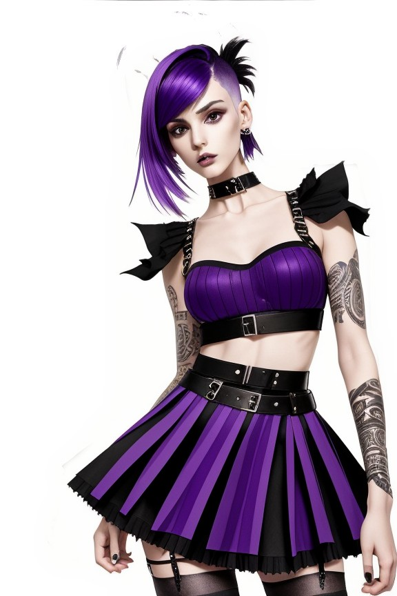 Stylized female character with purple attire and weapons