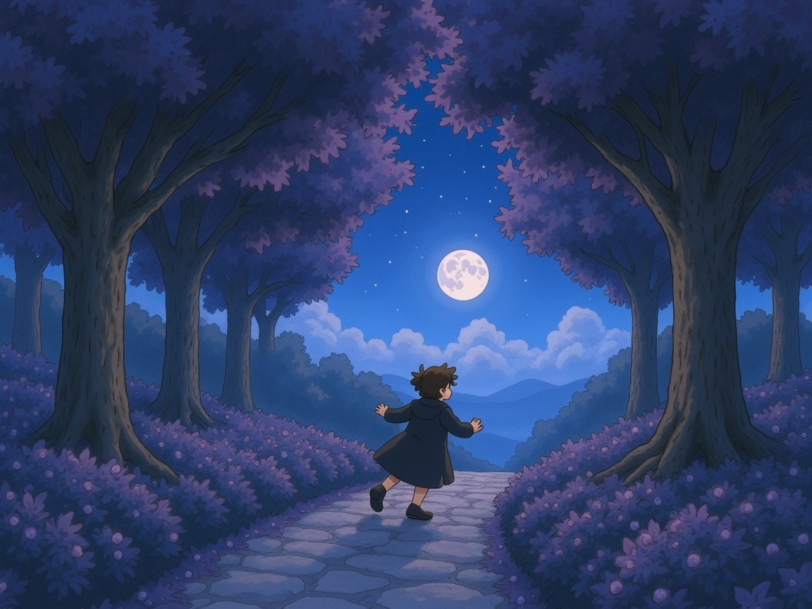 Young figure in dark coat on cobblestone path at night