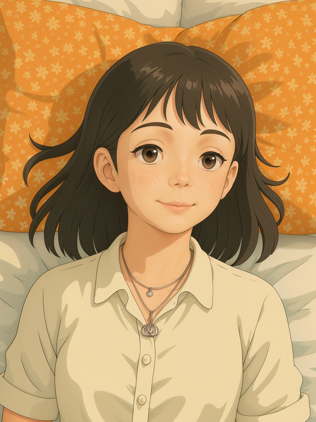 Young girl with dark hair on bed, serene expression