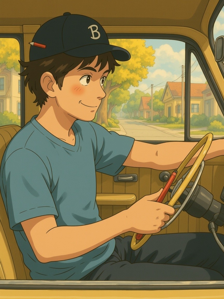 Young boy driving an old car in sunny neighborhood