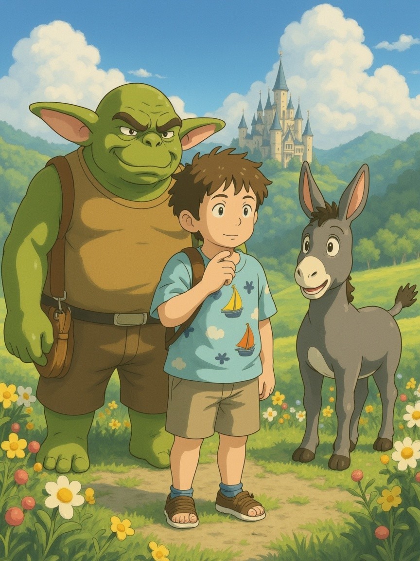 Young boy with ogre and donkey in animated landscape