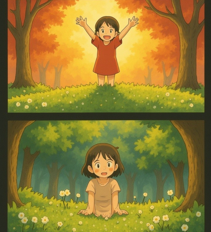 Contrasting Scenes of a Girl in Forest Settings