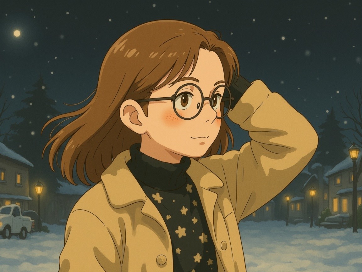 Young girl in cozy coat in snowy evening scene