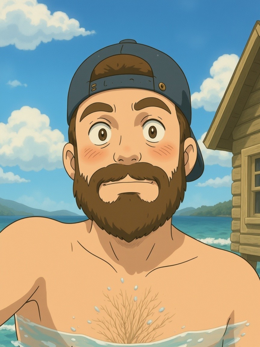 Young man in baseball cap smiles by blue water
