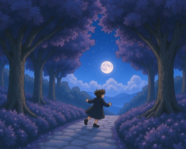 Young figure in dark coat on cobblestone path at night