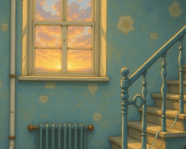 Cozy Room Stairwell with Sunset and Vintage Decor