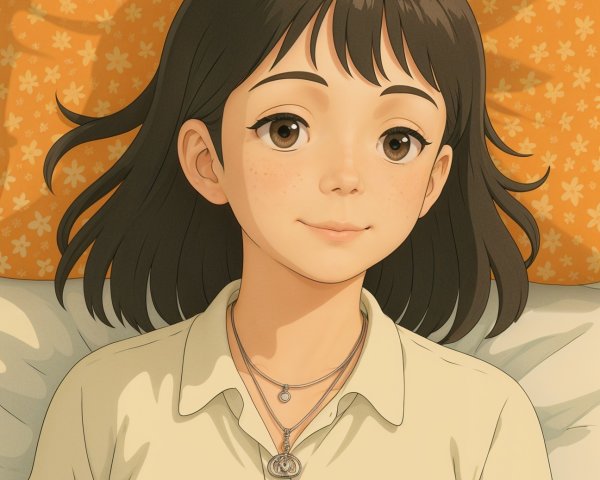 Young girl with dark hair on bed, serene expression