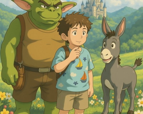 Young boy with ogre and donkey in animated landscape
