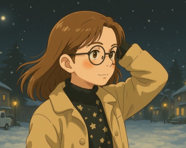 Young girl in cozy coat in snowy evening scene