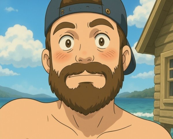 Young man in baseball cap smiles by blue water