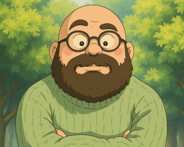 Bald Cartoon Character in Green Sweater in Forest