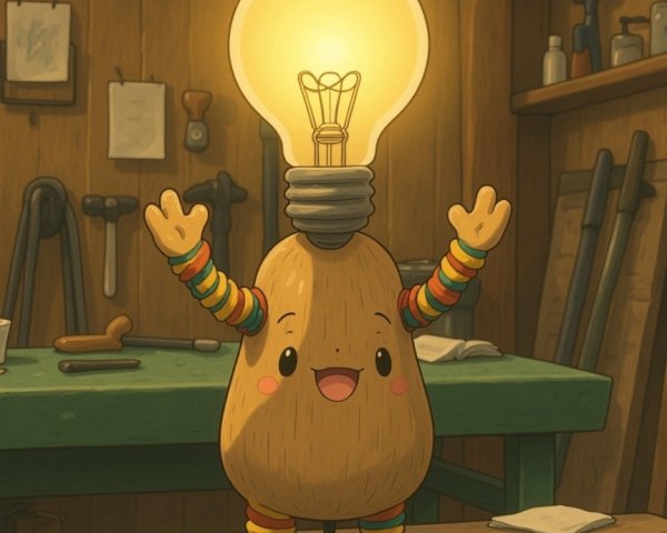 Animated Potato Character in Cozy Workshop Setting